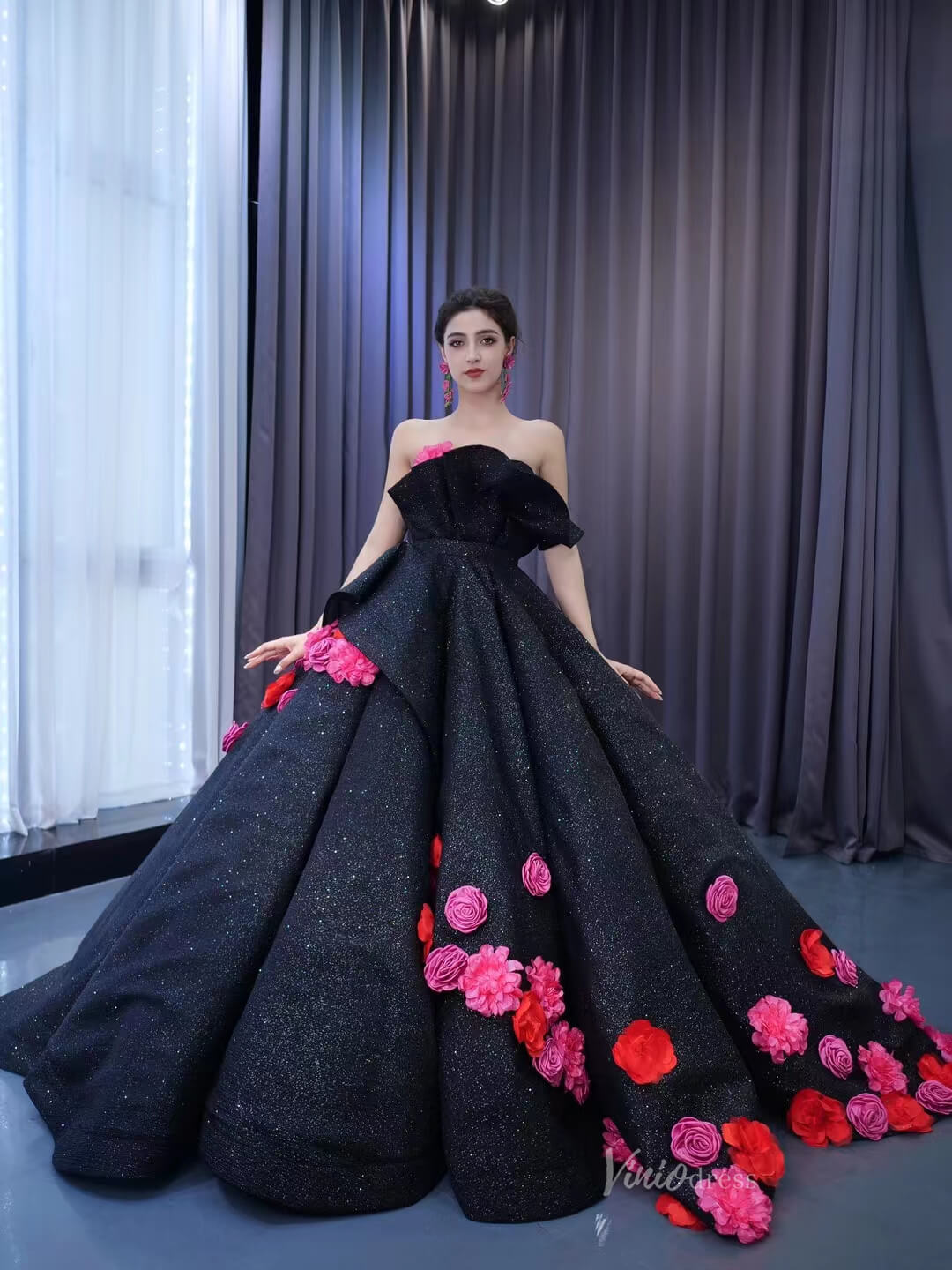 Black 3D Flowers Wedding Dresses Strapless Sparkly Ball Gown 67547 - ViniodressQuinceanera DressesFloralBlack - Formal Dresses - Ball Gowns