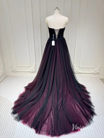 Black and Burgundy Tulle Wedding Dress with Beaded Sweetheart Bodice, Detachable Cape & Cathedral Train – BK115-wedding dresses 2025 -Viniodress-Burgundy-Custom Size-