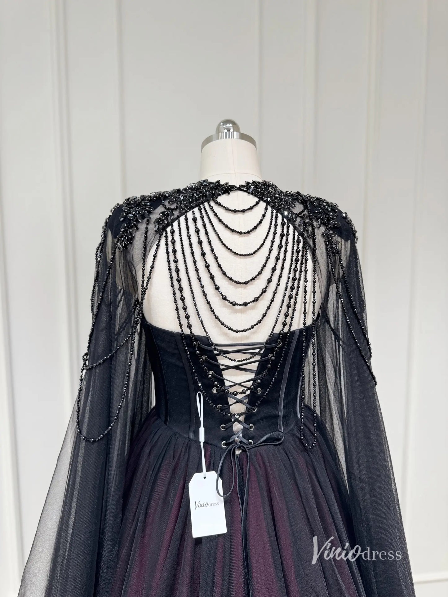 Black and Burgundy Tulle Wedding Dress with Beaded Sweetheart Bodice, Detachable Cape & Cathedral Train – BK115-wedding dresses 2025 -Viniodress-Burgundy-Custom Size-