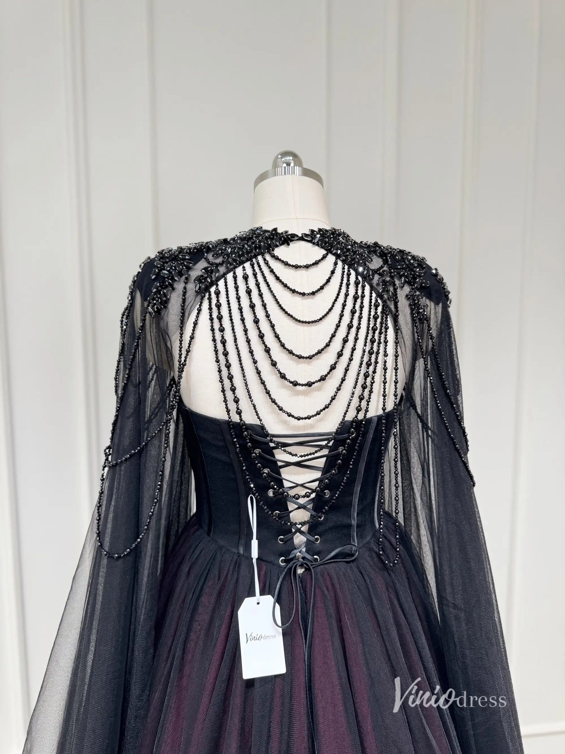 Black and Burgundy Tulle Wedding Dress with Beaded Sweetheart Bodice, Detachable Cape & Cathedral Train – BK115-wedding dresses 2025 -Viniodress-Burgundy-Custom Size-