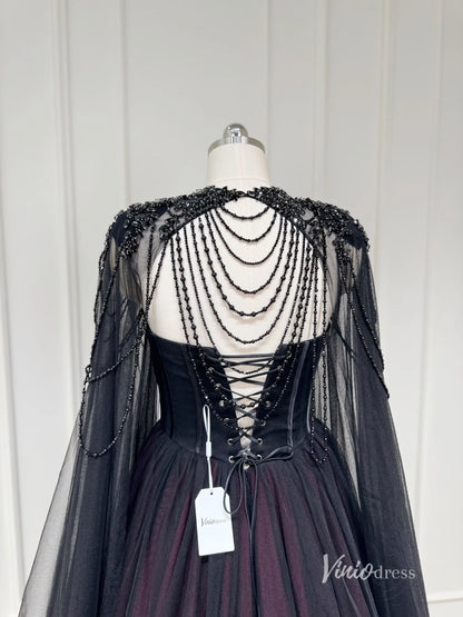 Black and Burgundy Tulle Wedding Dress with Beaded Sweetheart Bodice, Detachable Cape & Cathedral Train – BK115-wedding dresses 2025 -Viniodress-Burgundy-Custom Size-