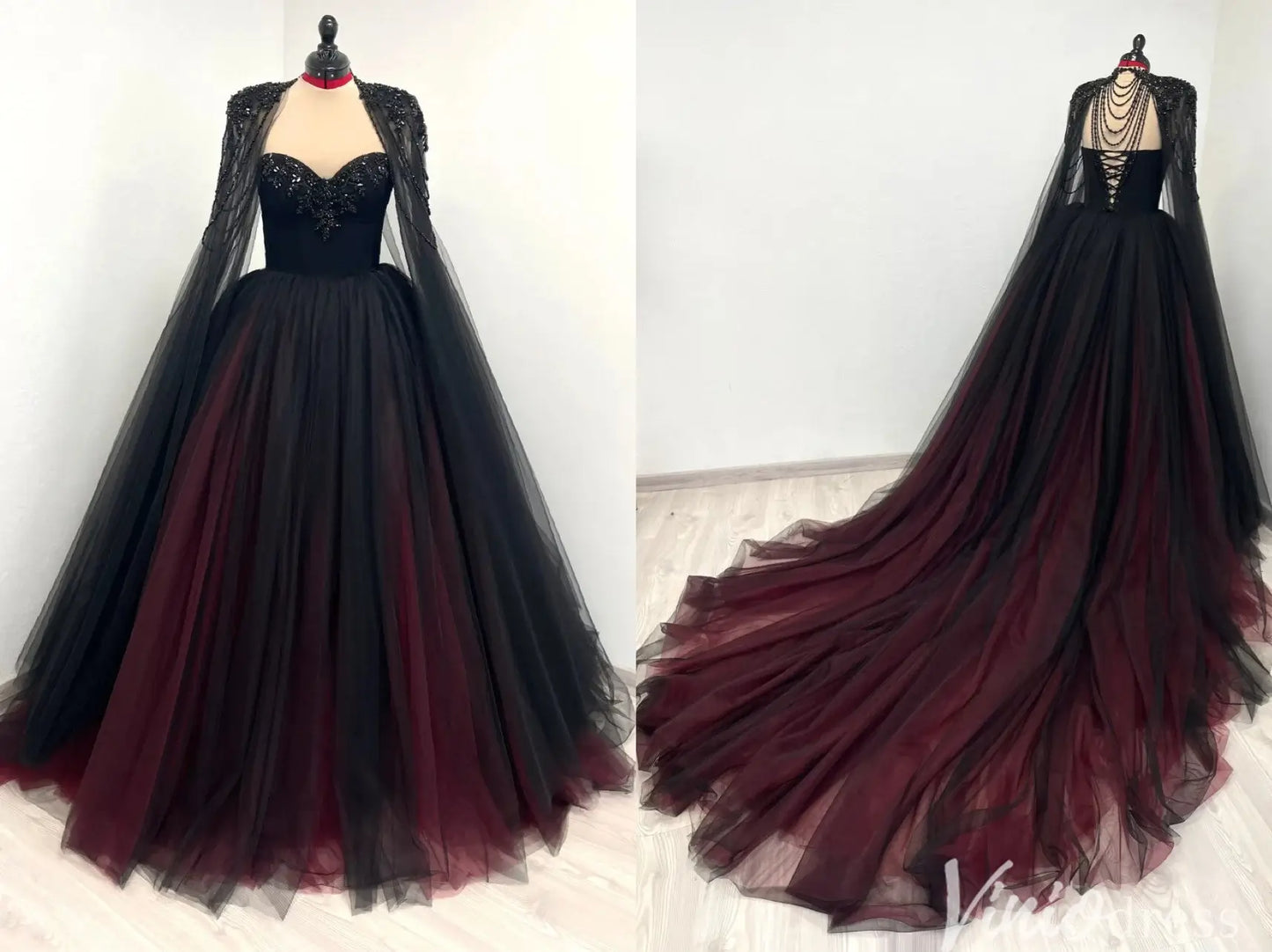 Black and Burgundy Tulle Wedding Dress with Beaded Sweetheart Bodice, Detachable Cape & Cathedral Train – BK115-wedding dresses 2025 -Viniodress-Burgundy-Custom Size-