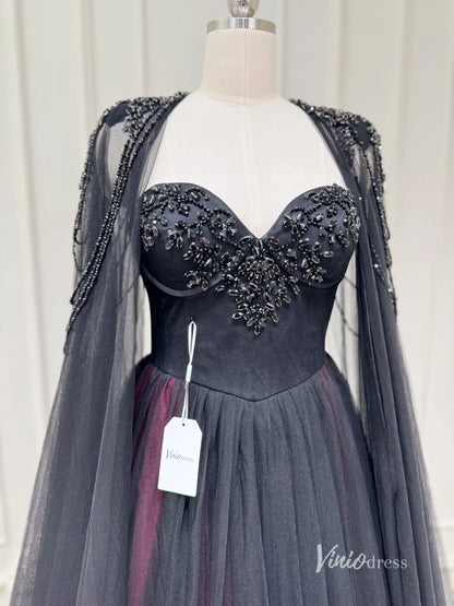 Black and Burgundy Tulle Wedding Dress with Beaded Sweetheart Bodice, Detachable Cape & Cathedral Train – BK115-wedding dresses 2025 -Viniodress-Burgundy-Custom Size-