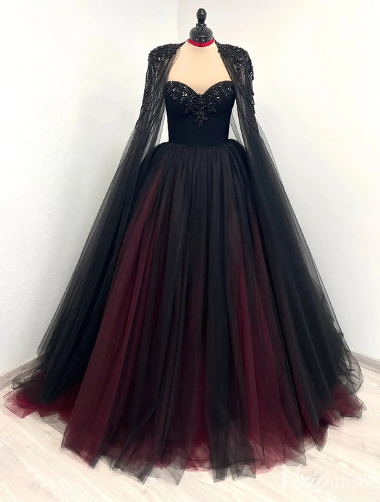 Black and Burgundy Tulle Wedding Dress with Beaded Sweetheart Bodice, Detachable Cape & Cathedral Train – BK115-wedding dresses 2025 -Viniodress-Burgundy-Custom Size-