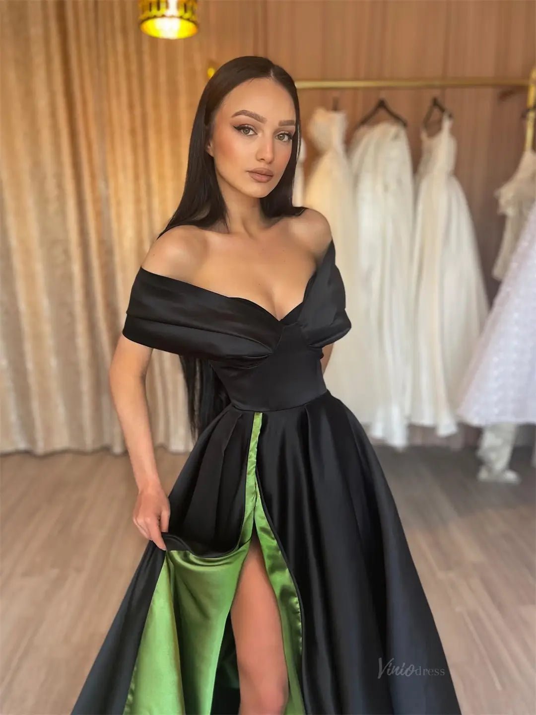 Black and Green Satin Prom Dresses 2025 Off the Shoulder Formal Gown with High Slit FD5258-prom dresses 2025 -Viniodress-Black-Custom Size-