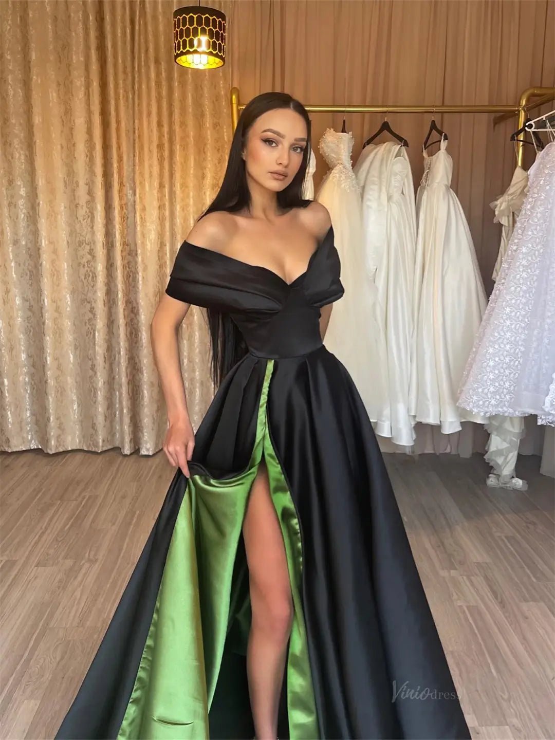 Black and Green Satin Prom Dresses 2025 Off the Shoulder Formal Gown with High Slit FD5258-prom dresses 2025 -Viniodress-Black-Custom Size-