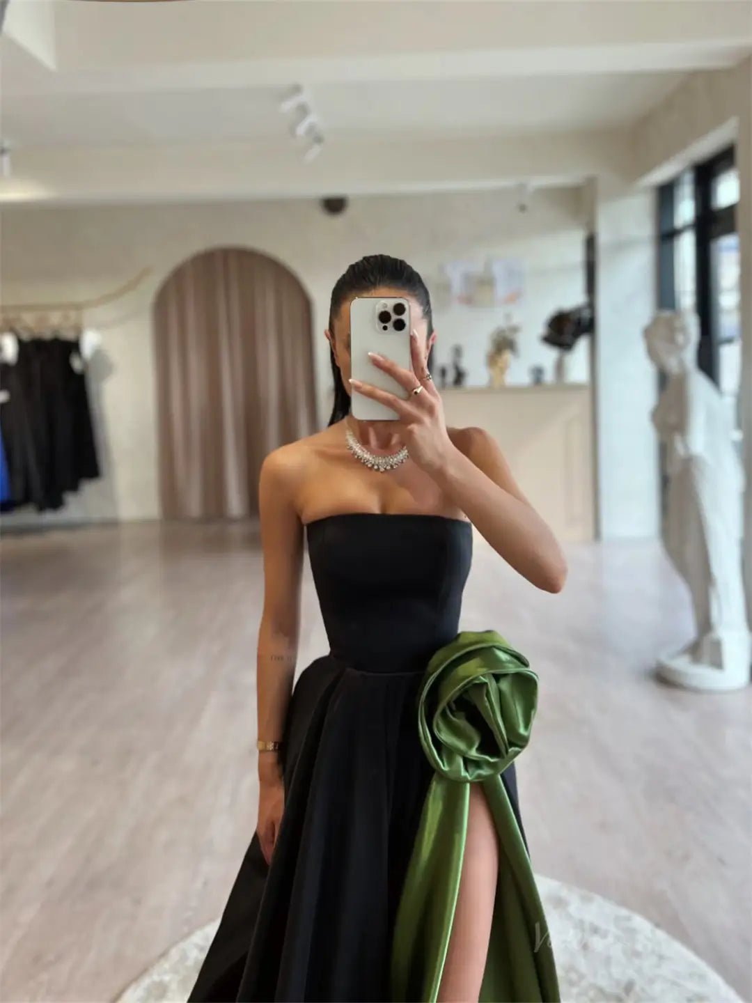Black and Green Satin Prom Dresses 2025 Strapless Formal Dress with 3D Flower & High Slit FD5240-prom dresses 2025 -Viniodress-Black-Custom Size-