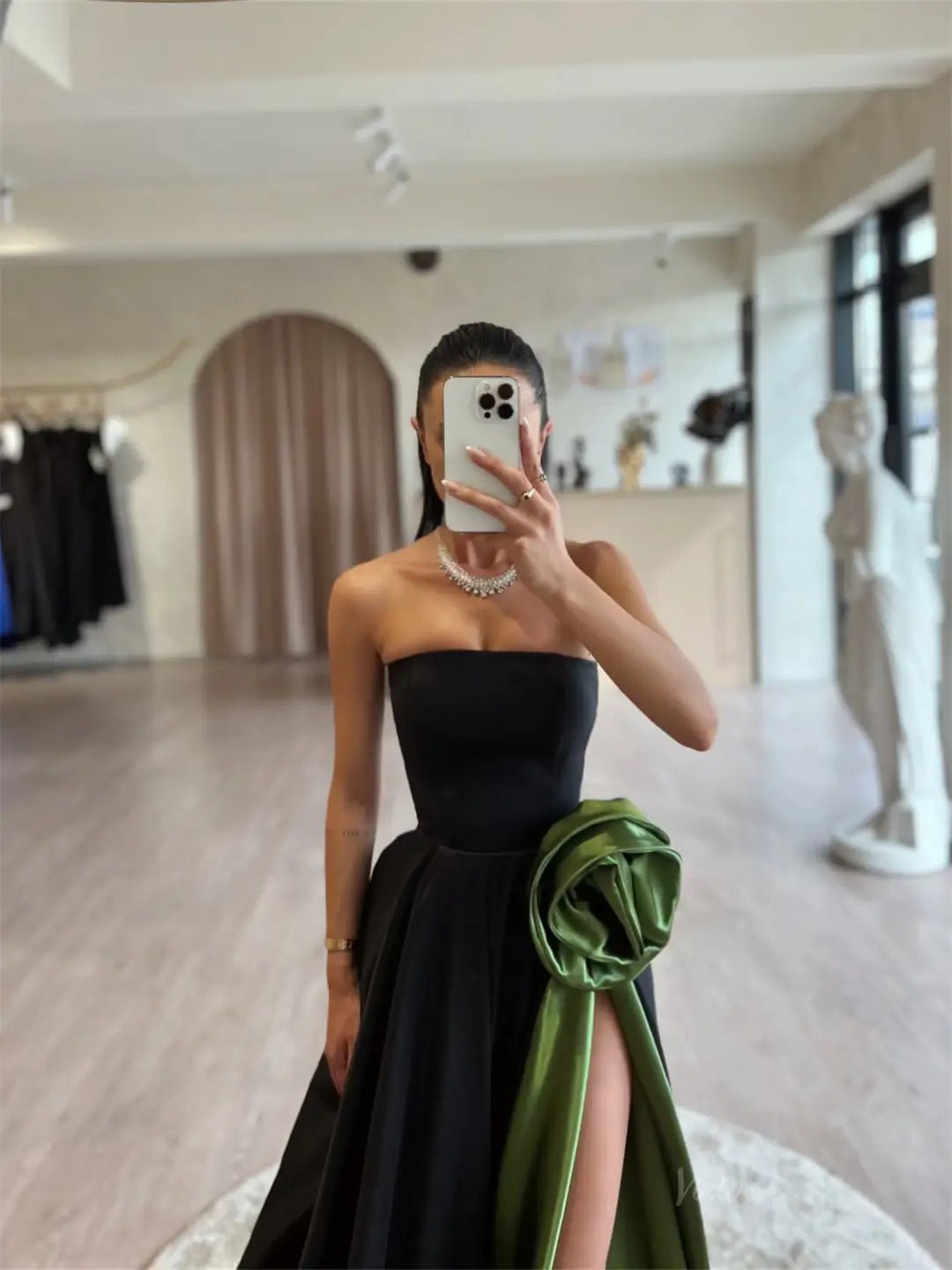 Black and Green Satin Prom Dresses 2025 Strapless Formal Dress with 3D Flower & High Slit FD5240 - Viniodressprom dressesBlackCustom Size - Formal Dresses - Ball Gowns