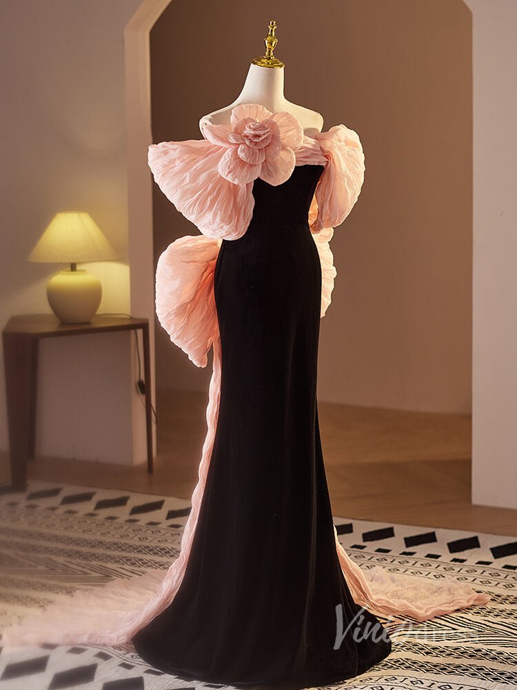 Black and Pink Rosette Bow Prom Dresses Velvet Bodice Pleated Tulle 90020-prom dresses 2025 -Viniodress-Black-Custom Size-