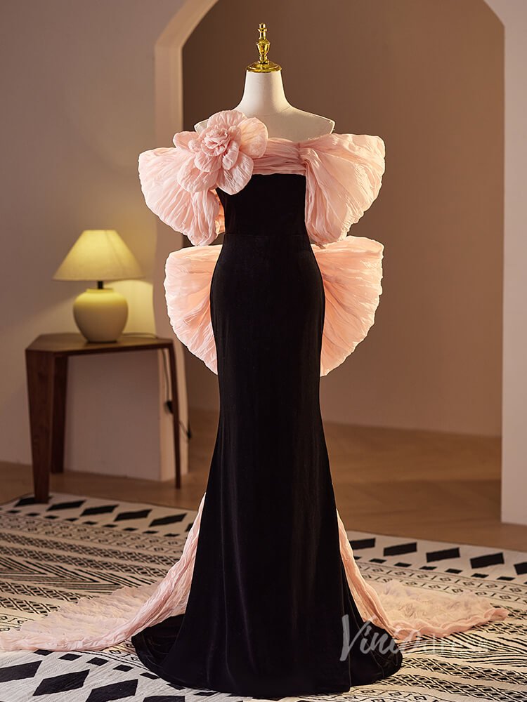 Black and Pink Rosette Bow Prom Dresses Velvet Bodice Pleated Tulle 90020-prom dresses 2025 -Viniodress-Black-Custom Size-