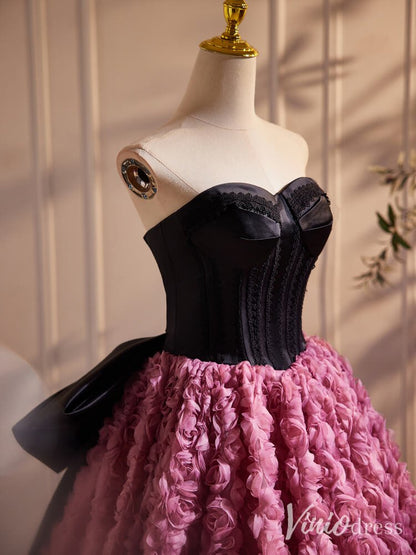 Black and Pink Rosette Bow Tie Prom Dresses Strapless Formal Gown BJ031-prom dresses 2025 -Viniodress-Pink-Custom Size-