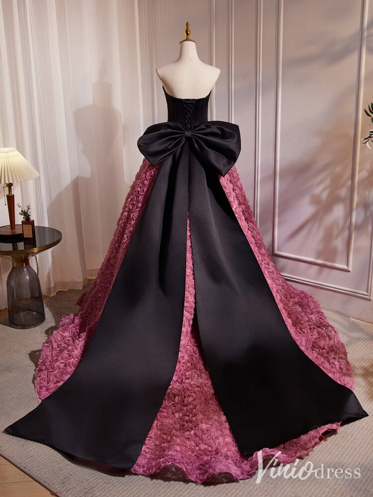 Black and Pink Rosette Bow Tie Prom Dresses Strapless Formal Gown BJ03 Viniodress Black and Pink Rosette Bow Tie Prom Dresses Strapless Formal Gown BJ03 Viniodress