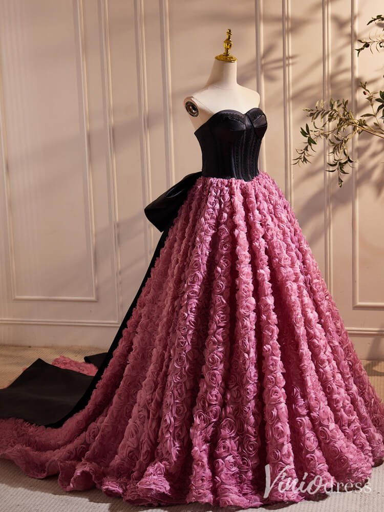 Black and Pink Rosette Bow Tie Prom Dresses Strapless Formal Gown BJ03   Viniodress