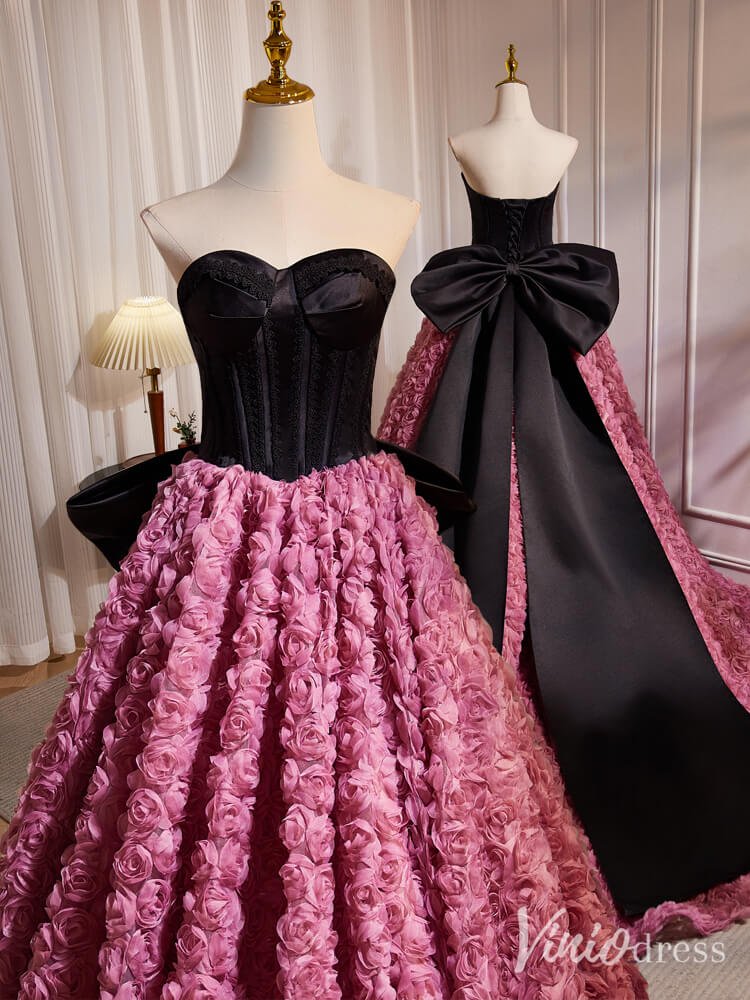 Black and Pink Rosette Bow Tie Prom Dresses Strapless Formal Gown BJ031 - Viniodressprom dressesPinkCustom Size - Formal Dresses - Ball Gowns