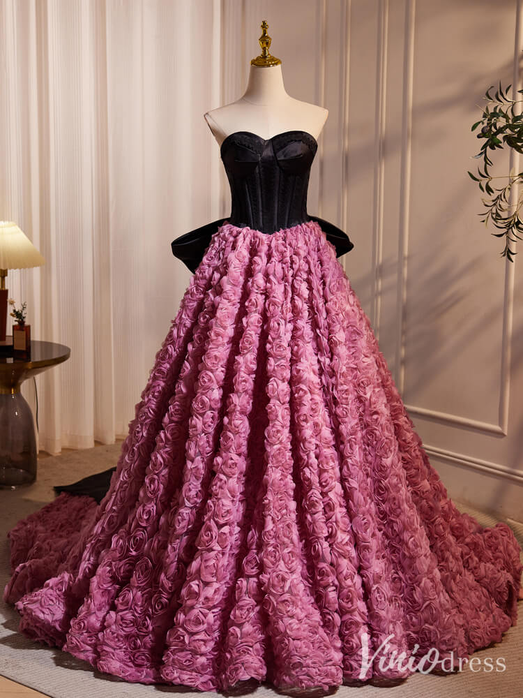 Black and Pink Rosette Bow Tie Prom Dresses Strapless Formal Gown BJ03
