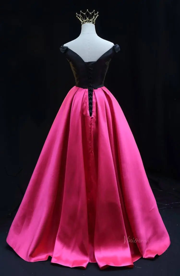 Black and Pink Satin Prom Dresses Off the Shoulder Formal Gown SU083-prom dresses 2025 -Viniodress-Pink-Custom Size-