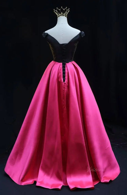 Black and Pink Satin Prom Dresses Off the Shoulder Formal Gown SU083-prom dresses 2025 -Viniodress-Pink-Custom Size-