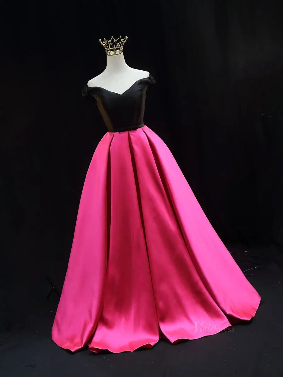 Black and Pink Satin Prom Dresses Off the Shoulder Formal Gown SU083 Viniodress Black and Pink Satin Prom Dresses Off the Shoulder Formal Gown SU083 Viniodress