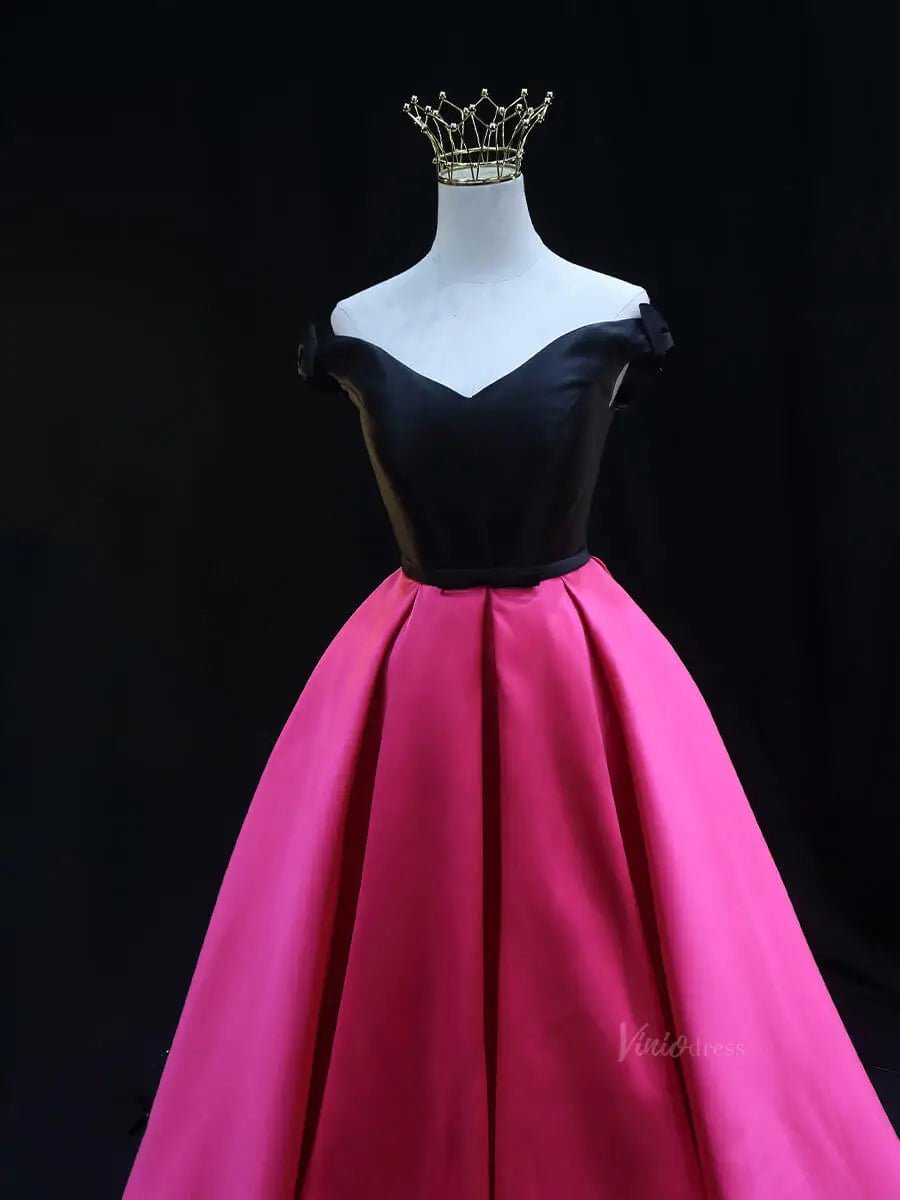 Black and Pink Satin Prom Dresses Off the Shoulder Formal Gown SU083-prom dresses 2025 -Viniodress-Pink-Custom Size-