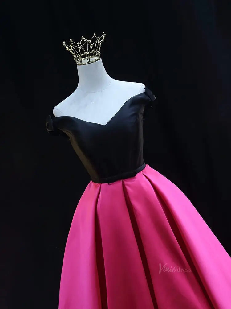 prom dresses 2025 Black and Pink Satin Prom Dresses Off the Shoulder Formal Gown SU083-plus size wedding dresses Viniodress-Pink-Custom Size-