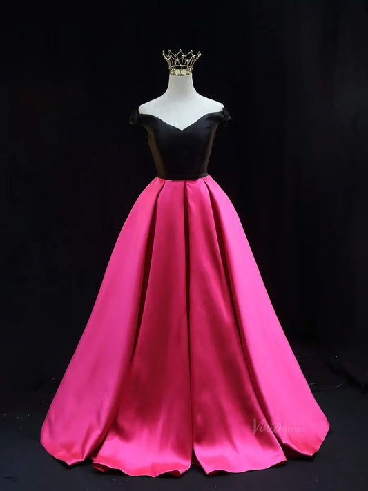 Black and Pink Satin Prom Dresses Off the Shoulder Formal Gown SU083 - Viniodressprom dressesPinkCustom Size - Formal Dresses - Ball Gowns