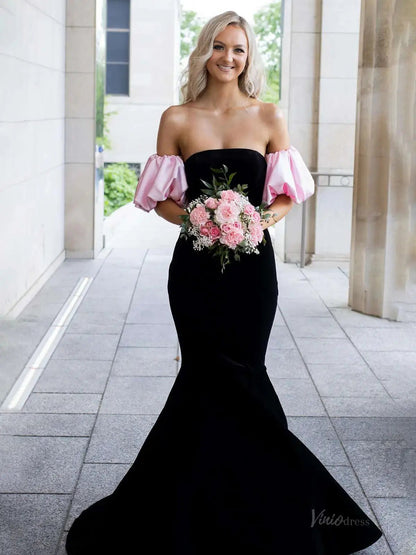 Black and Pink Velvet Mermaid Prom Dresses 2025 with Puffed Sleeve – FD5080-prom dresses 2025 -Viniodress-Black-Custom Size-