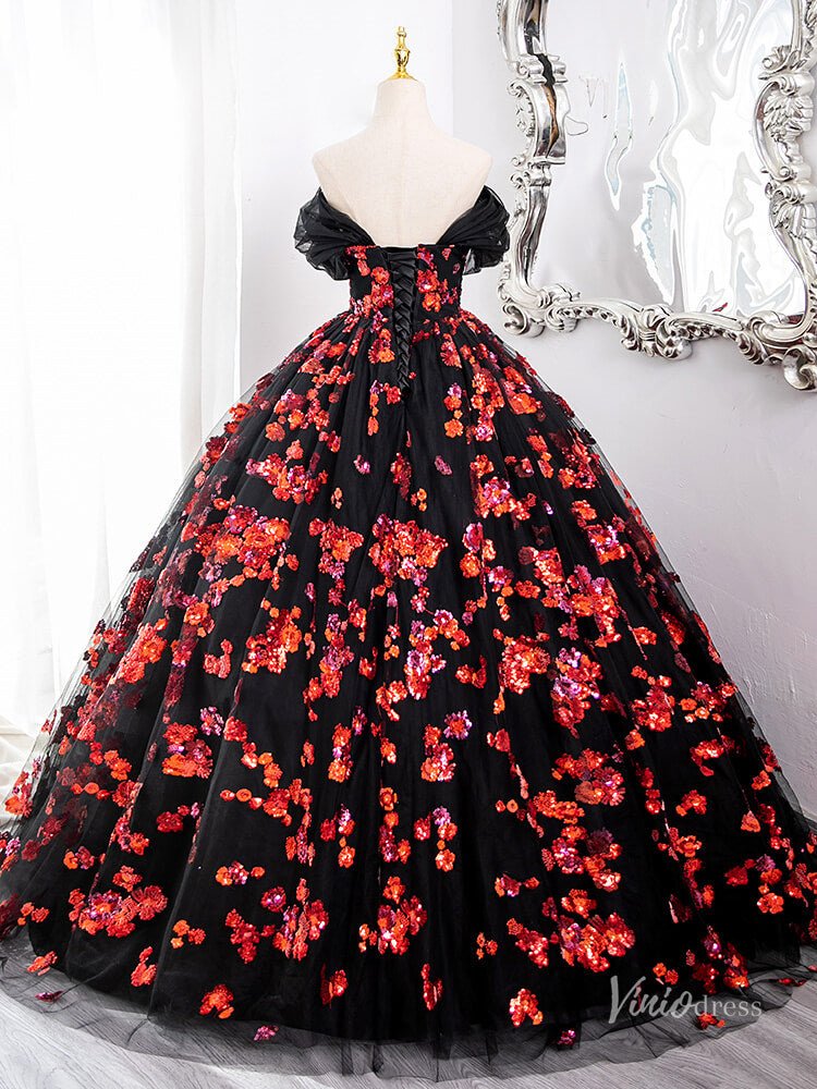 Black and Red Sparkly Floral Lace Prom Ball Gown Off the Shoulder Quinceanera Dresses BG006-prom dresses 2025 -Viniodress-Red-Custom Size-
