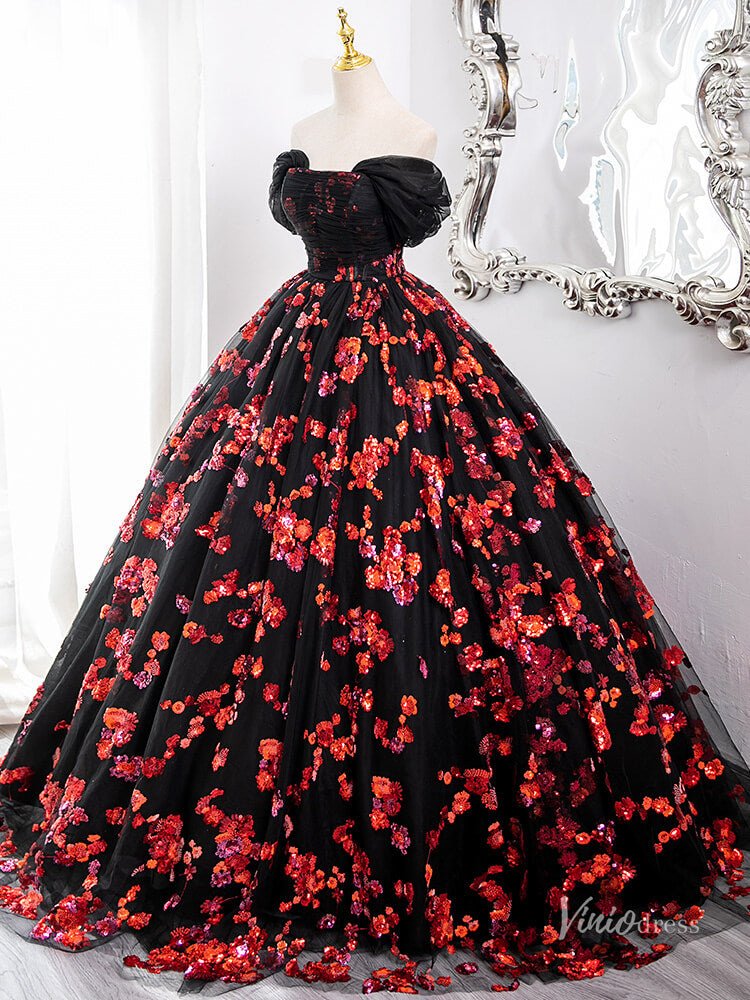 Black and Red Sparkly Floral Lace Prom Ball Gown Off the Shoulder Quin – Viniodress Black and Red Sparkly Floral Lace Prom Ball Gown Off the Shoulder Quin – Viniodress