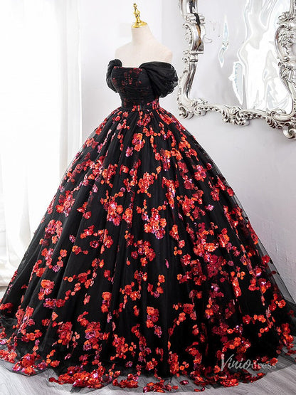 Black and Red Sparkly Floral Lace Prom Ball Gown Off the Shoulder Quinceanera Dresses BG006-prom dresses 2025 -Viniodress-Red-Custom Size-