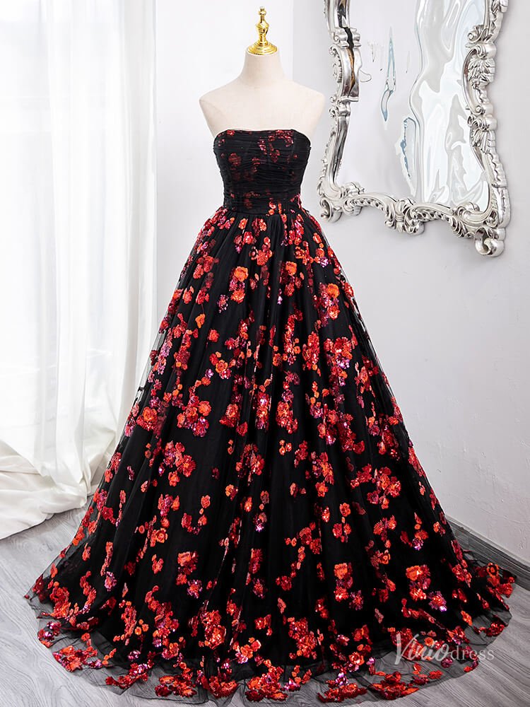 red and black wedding dress Black and Red Sparkly Floral Lace Prom Ball Gown Off the Shoulder Quin –  Viniodress