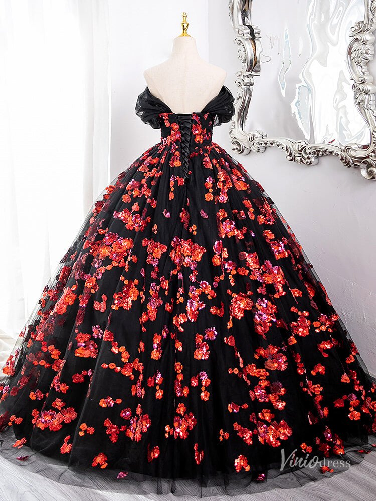 Black and Red Sparkly Floral Lace Prom Ball Gown Off the Shoulder Quinceanera Dresses BG006 - Viniodressprom dressesRedCustom Size - Formal Dresses - Ball Gowns