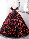 Prom Dress 2025 Black and Red Sparkly Floral Lace Prom Ball Gown Off the Shoulder Quinceanera Dresses BG006-unique prom dresses-Red-Custom Size-Viniodress