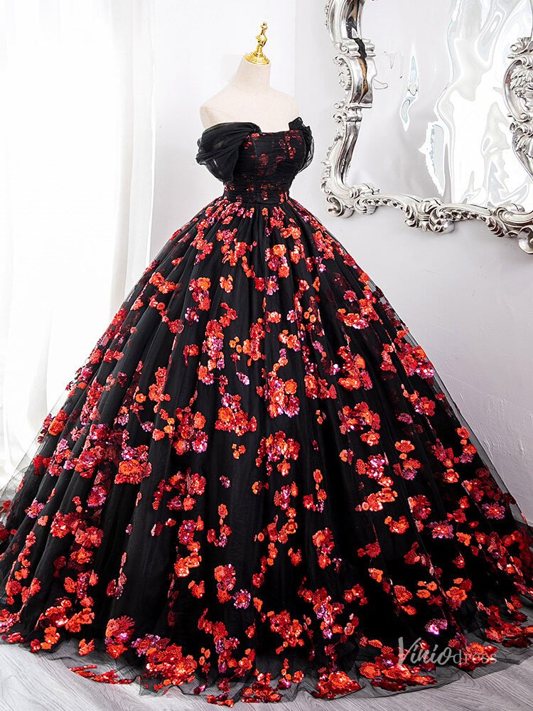 Black and Red Sparkly Floral Lace Prom Ball Gown Off the Shoulder Quinceanera Dresses BG006 - Viniodressprom dressesRedCustom Size - Formal Dresses - Ball Gowns