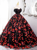 Prom Dress 2025 Black and Red Sparkly Floral Lace Prom Ball Gown Off the Shoulder Quinceanera Dresses BG006-unique prom dresses-Red-Custom Size-Viniodress