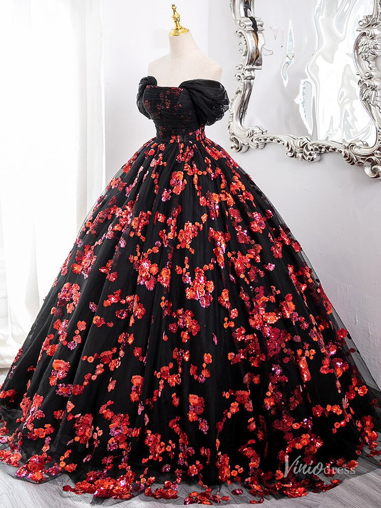 Black and Red Sparkly Floral Lace Prom Ball Gown Off the Shoulder Quinceanera Dresses BG006 - Viniodressprom dressesRedCustom Size - Formal Dresses - Ball Gowns