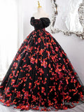 Prom Dress 2025 Black and Red Sparkly Floral Lace Prom Ball Gown Off the Shoulder Quinceanera Dresses BG006-unique prom dresses-Red-Custom Size-Viniodress