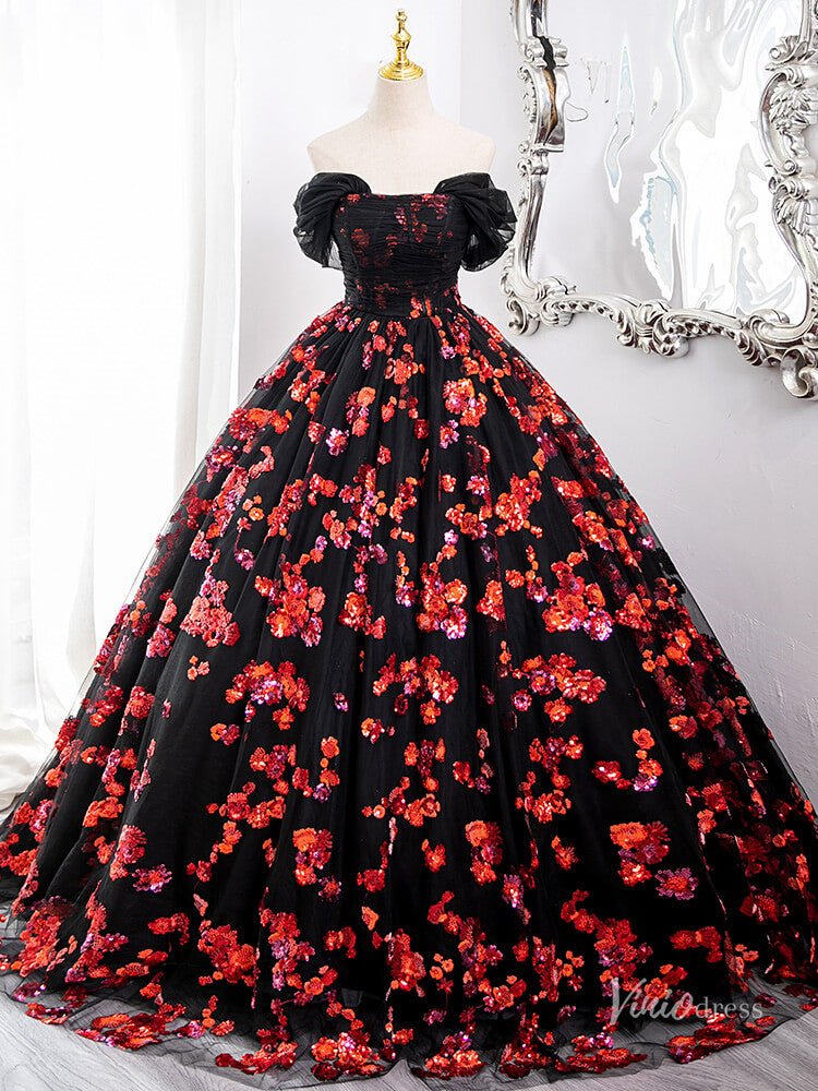 Black and Red Sparkly Floral Lace Prom Ball Gown Off the Shoulder Quinceanera Dresses BG006 - Viniodressprom dressesRedCustom Size - Formal Dresses - Ball Gowns