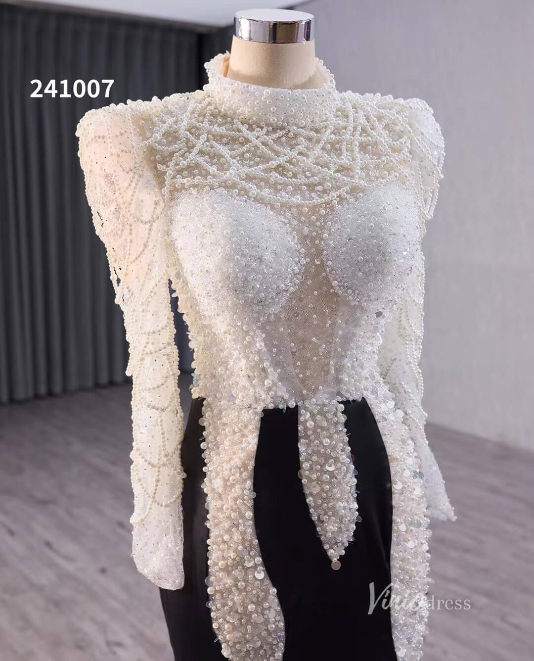 Black and White Beaded Mermaid Wedding Dresses Long Sleeve Pageant Dress 241007-wedding dresses 2025 -Viniodress-Black-Custom Size-