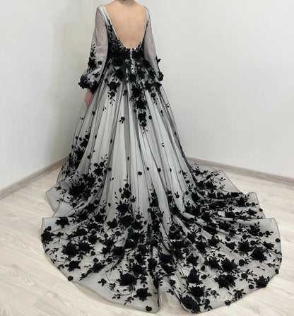 Black and White Floral Wedding Dress with Long Puff Sleeves, 3D Flowers & Chapel Train BK110-Evening Dresses 2025 -Viniodress-Black-Custom Size-