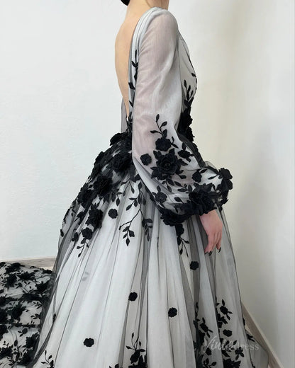 Black and White Floral Wedding Dress with Long Puff Sleeves, 3D Flowers & Chapel Train BK110-Evening Dresses 2025 -Viniodress-Black-Custom Size-