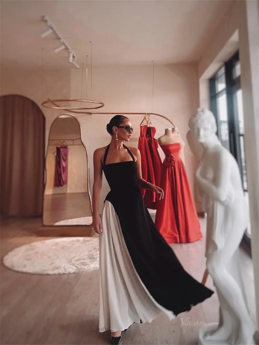 Black and White Halter Neck Prom Dresses 2025 Formal Dress with Velvet & Chiffon FD5235-prom dresses 2025 -Viniodress-Black-Custom Size-