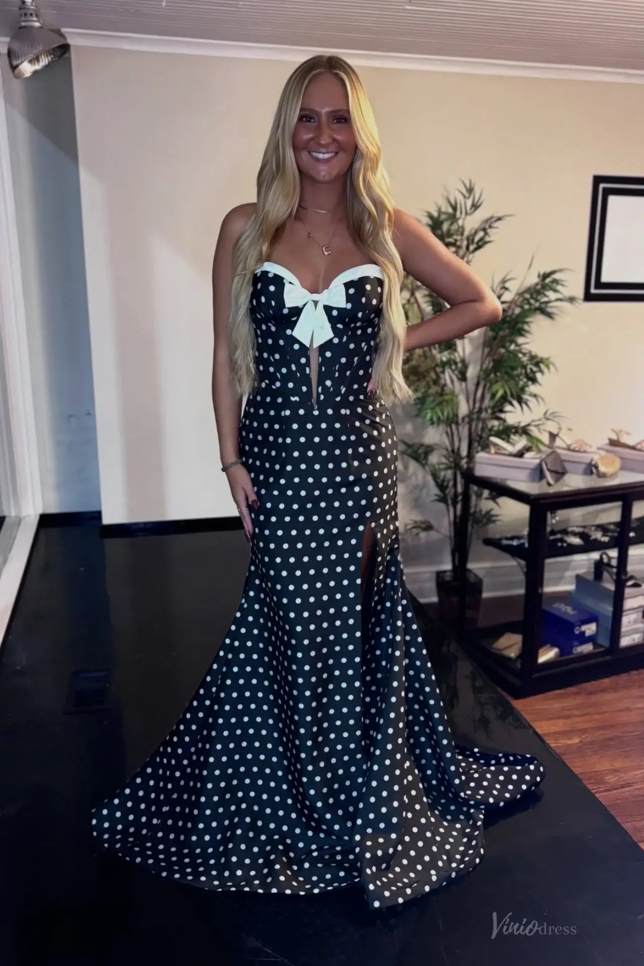 Black and White Mermaid Polka Dot Prom Dresses with Bow Corset Bodice & Slit SS313-Prom Dresses 2026-Viniodress-Black-Custom Size-