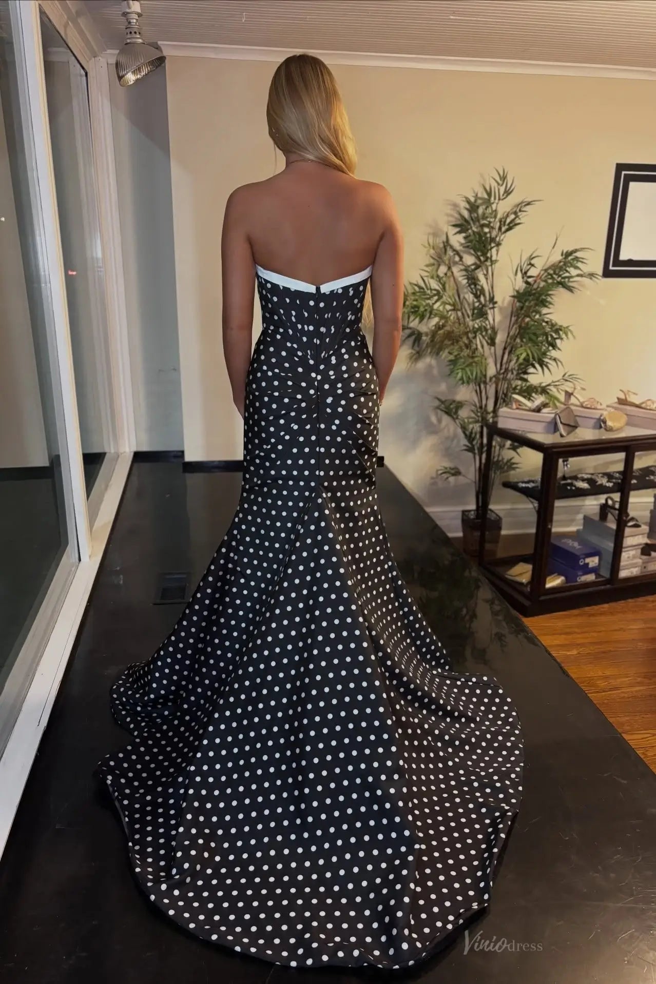 Black and White Mermaid Polka Dot Prom Dresses with Bow Corset Bodice & Slit SS313-Prom Dresses 2026-Viniodress-Black-Custom Size-