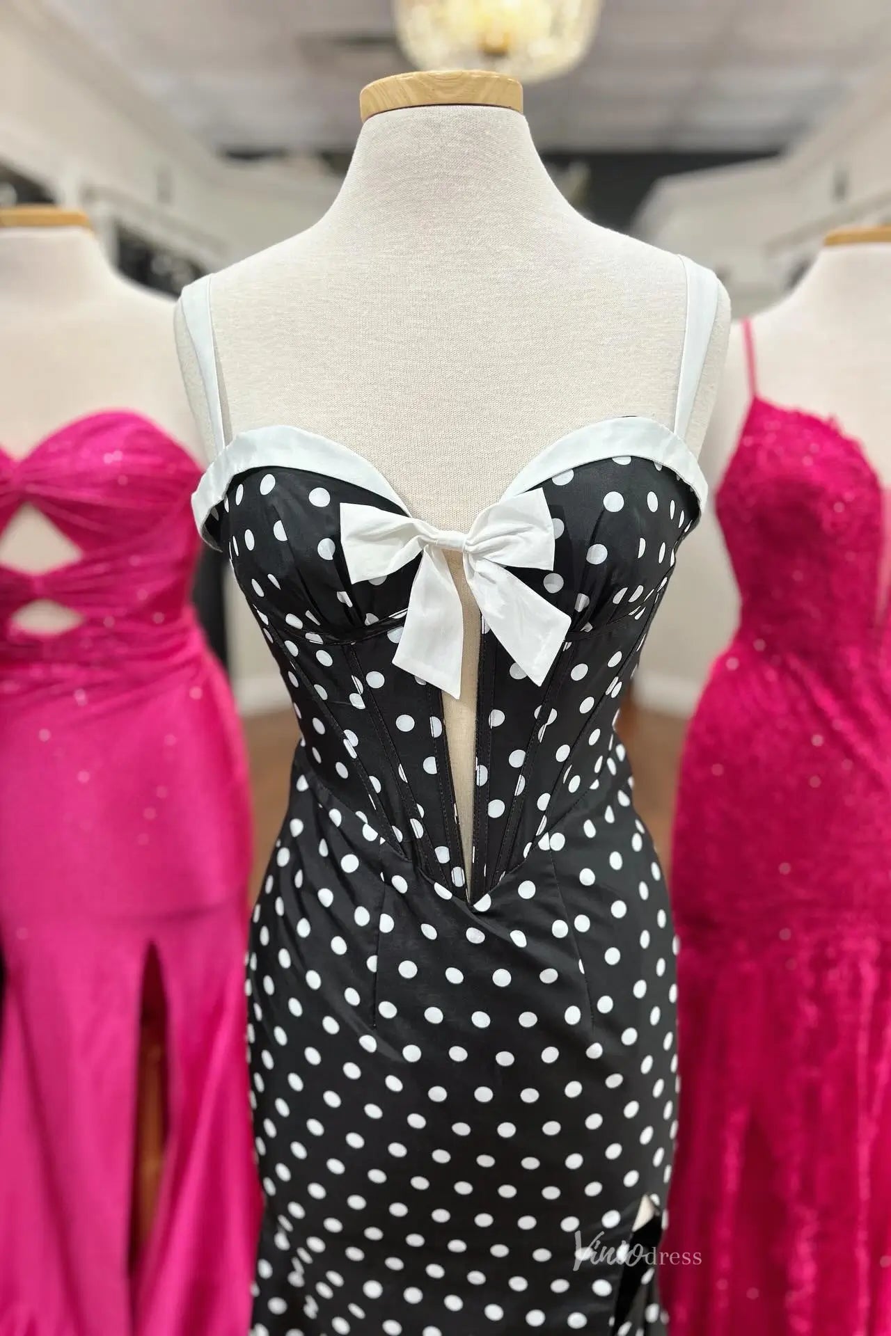 Black and White Mermaid Polka Dot Prom Dresses with Bow Corset Bodice & Slit SS313-Prom Dresses 2026-Viniodress-Black-Custom Size-