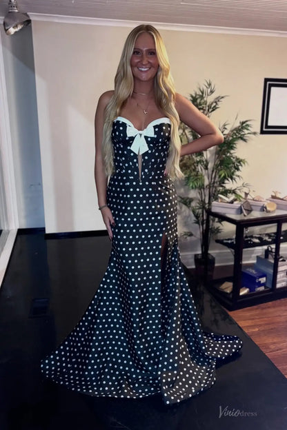 Black and White Mermaid Polka Dot Prom Dresses with Bow Corset Bodice & Slit SS313-Prom Dresses 2026-Viniodress-Black-Custom Size-