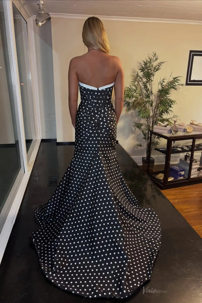 Black and White Mermaid Polka Dot Prom Dresses with Bow Corset Bodice & Slit SS313-Prom Dresses 2026-Viniodress-Black-Custom Size-