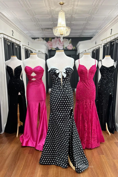Black and White Mermaid Polka Dot Prom Dresses with Bow Corset Bodice & Slit SS313-Prom Dresses 2026-Viniodress-Black-Custom Size-