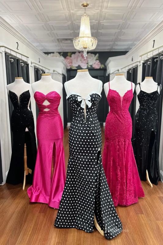 Black and White Mermaid Polka Dot Prom Dresses with Bow Corset Bodice & Slit SS313-Prom Dresses 2026-Viniodress-Black-Custom Size-
