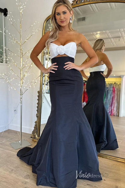 Black and White Mermaid Satin Prom Dresses Rose Pleated Bodice FD4047-prom dresses 2025 -Viniodress-Black-Custom Size-