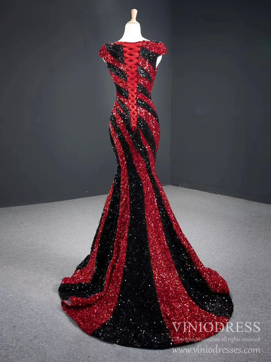 Black and White Mermaid Sequin Pageant Dresses Formal Gowns FD2400 viniodress-prom dresses 2025 -Viniodress-Black White-US 2-